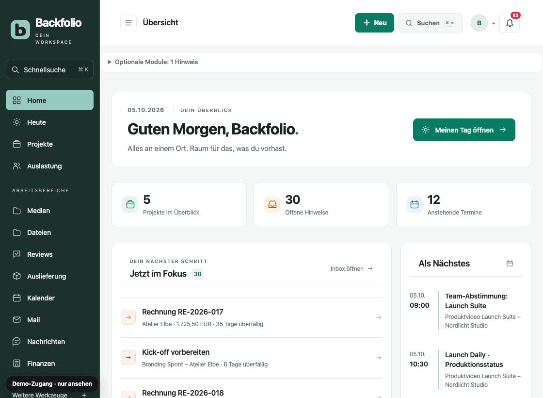 Backfolio-Dashboard im Farbstil Smaragd