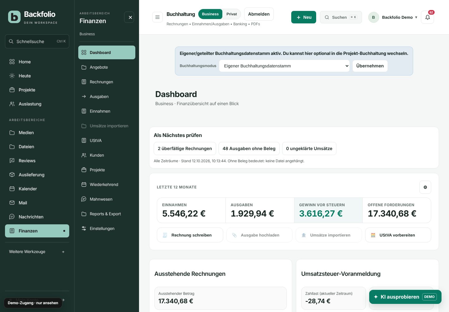 Backfolio-Demo: Finanzübersicht mit integrierter Bereichsnavigation