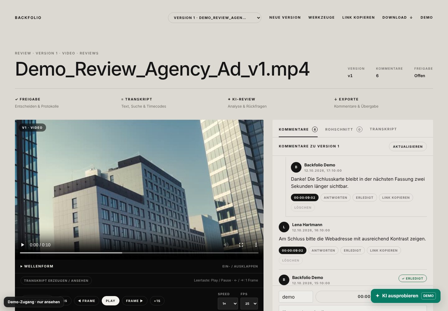 Backfolio-Demo: Video-Review mit Kommentaren
