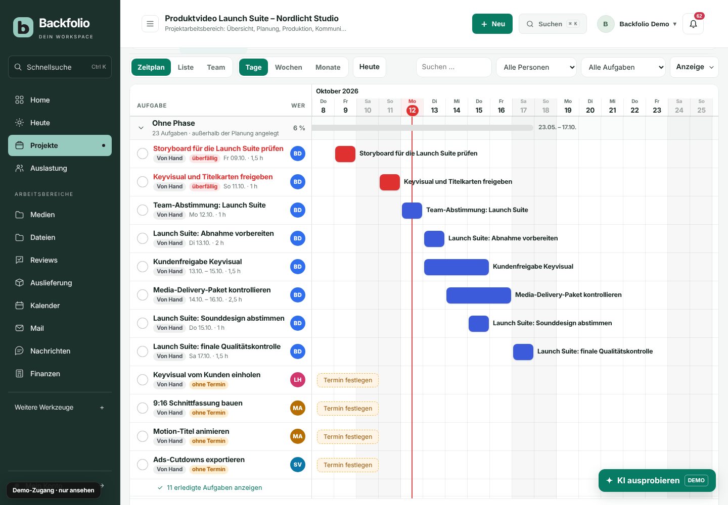 Backfolio-Demo: Projektplanung mit Zeitplan in Tagen