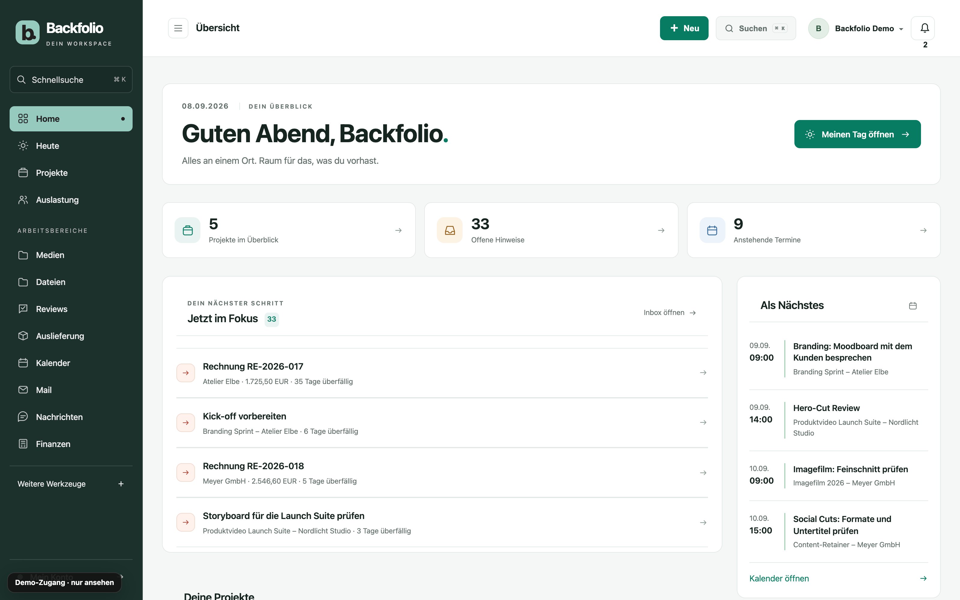 Der Backfolio Workspace mit Projekten, Aufgaben und Terminen